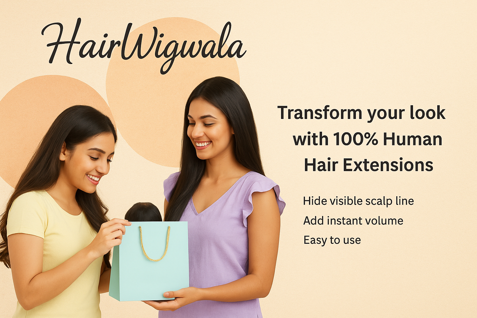 Two women smiling with HairWigwala shopping bag showcasing 100% human hair extensions for natural volume and easy styling