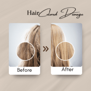 Close-up of a woman touching her dry, frizzy hair with split ends, showing signs of hair damage and breakage under natural light.